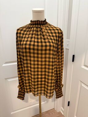 Mustard Check Smocked Neck Long-Sleeve Blouse